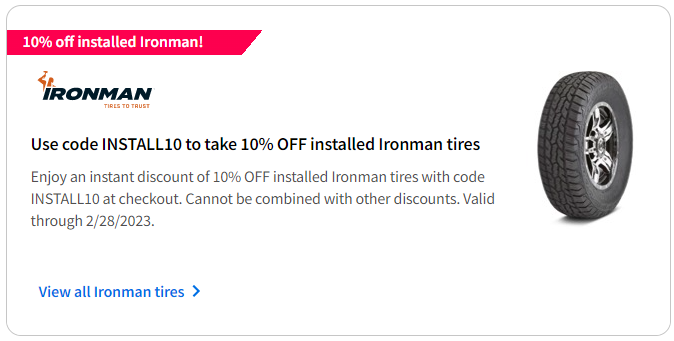 Ironman tires discount code for February 2023 with Tire Buyer