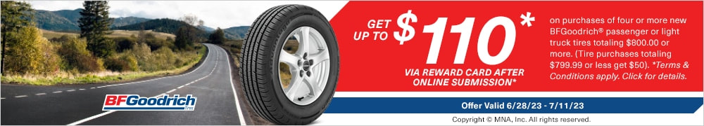 BF Goodrich tire rebate for July 2023 with the Tire Rack