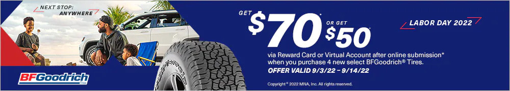 BF Goodrich tire rebate for September 2022 with Tire Rack