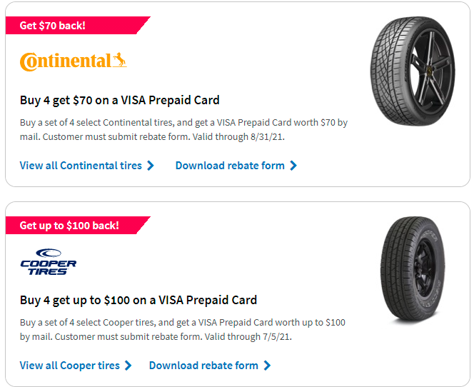 Continental and Cooper tire rebates for July 2021 with TireBuyer.com