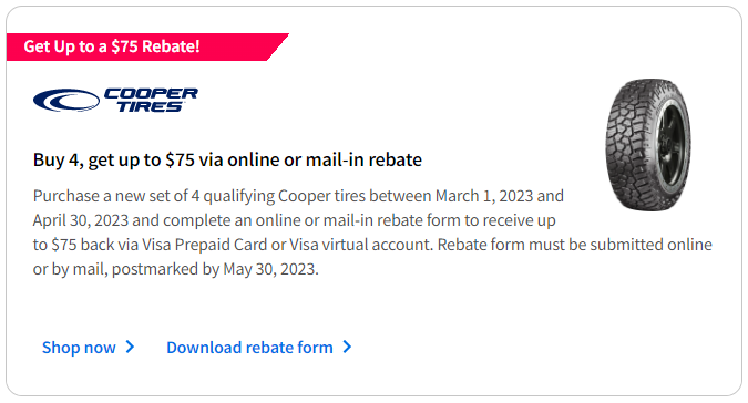 Cooper tire rebate for May 2023 with TireBuyer.com
