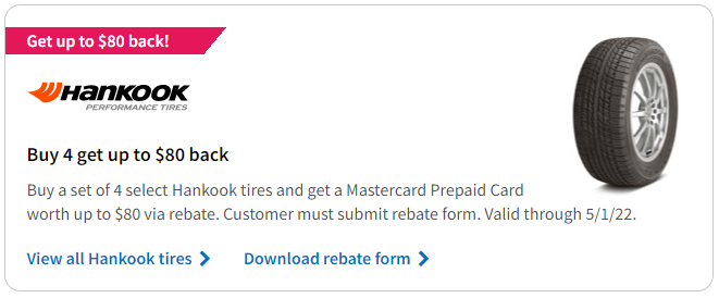 Hankook tire rebate for April 2022 with TireBuyer.com