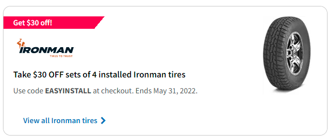 Ironman tires coupon code for May 2022 with TireBuyer.com