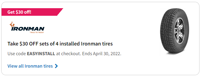 Ironman tires coupon code for April 2022 with TireBuyer.com