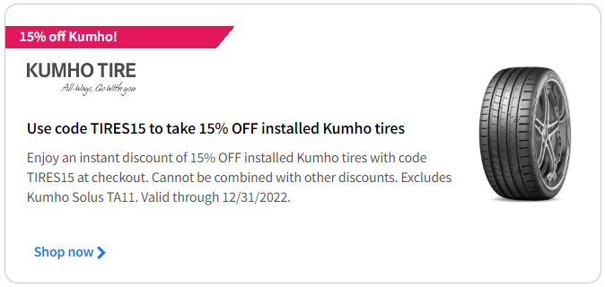 Kumho tires discount coupon code for December 2022 with Tire Buyer