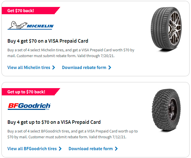 Michelin and BF Goodrich tire rebates for July 2021 with TireBuyer.com