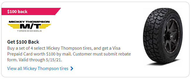 Mickey Thompson Tire rebate for May 2021 with Tirebuyer.com