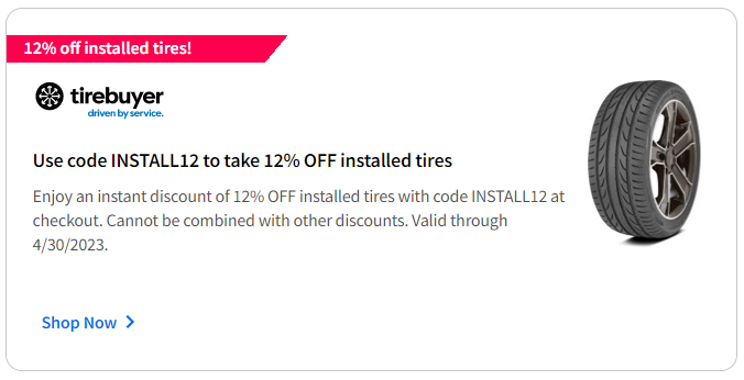 12% off online tire discount for May 2023 with TireBuyer.com