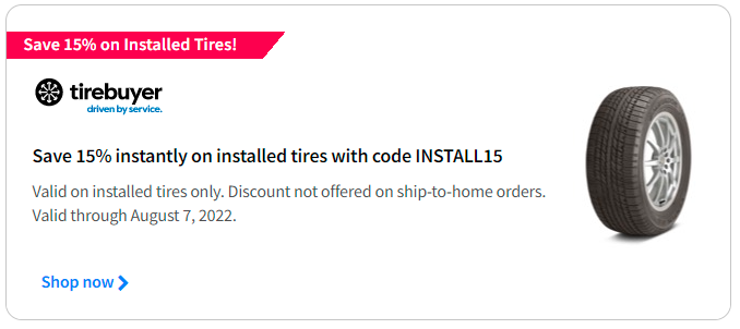 Tire coupon code for August 2022 with TireBuyer.com